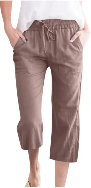 TANGNADE Summer Plus Size Capris for Women Cotton Linen Capri Pants Elastic High Waist Straight Wide Leg Cropped Trouser