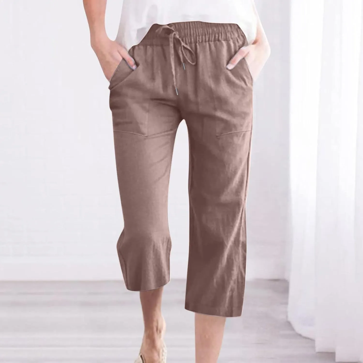 TANGNADE Summer Plus Size Capris for Women Cotton Linen Capri Pants Elastic High Waist Straight Wide Leg Cropped Trouser