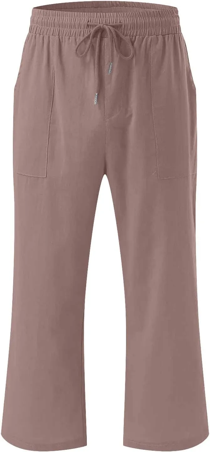 TANGNADE Summer Plus Size Capris for Women Cotton Linen Capri Pants Elastic High Waist Straight Wide Leg Cropped Trouser