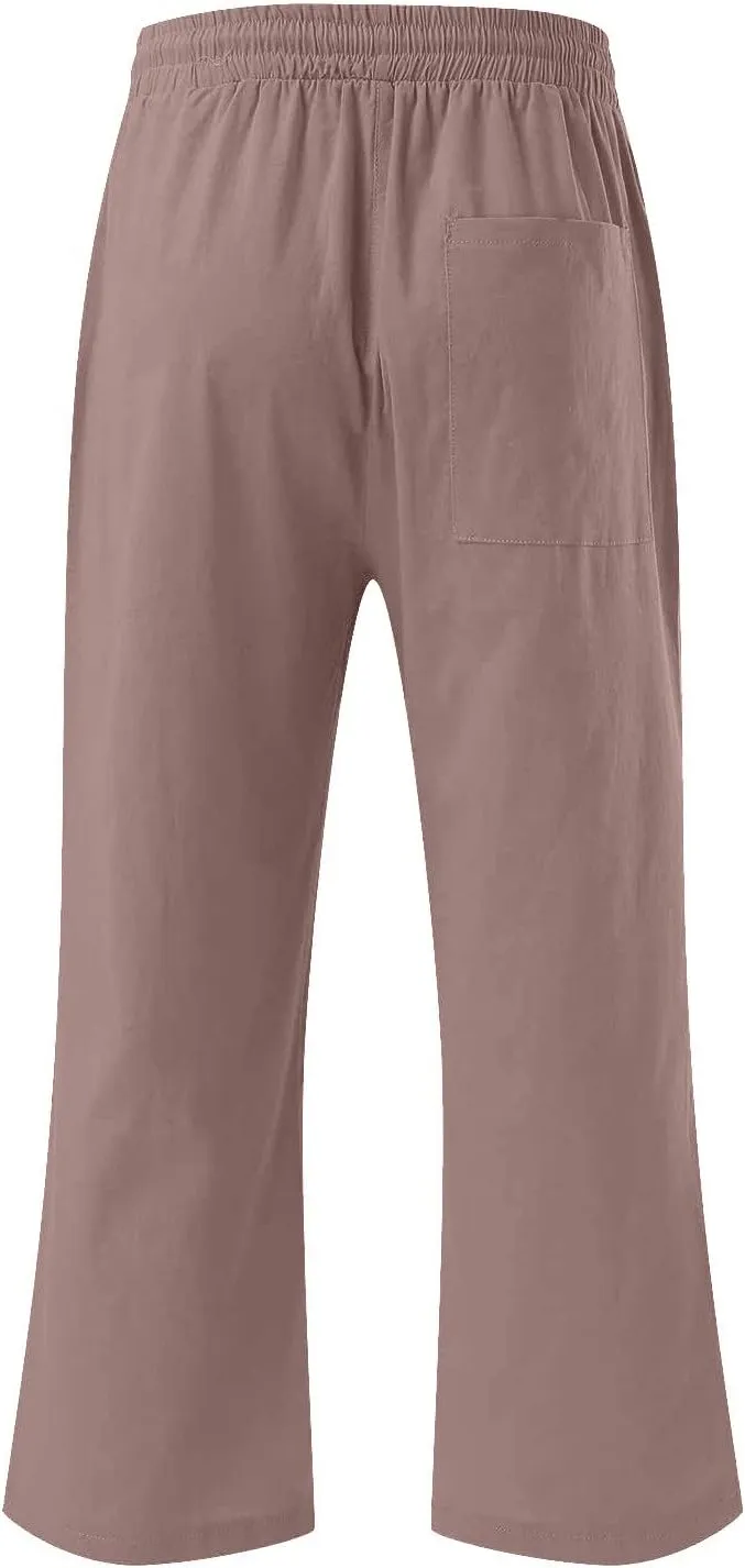 TANGNADE Summer Plus Size Capris for Women Cotton Linen Capri Pants Elastic High Waist Straight Wide Leg Cropped Trouser