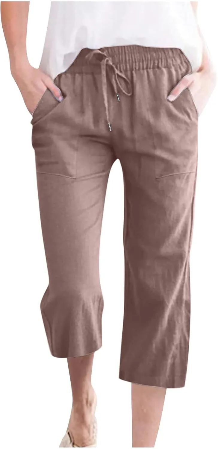TANGNADE Summer Plus Size Capris for Women Cotton Linen Capri Pants Elastic High Waist Straight Wide Leg Cropped Trouser
