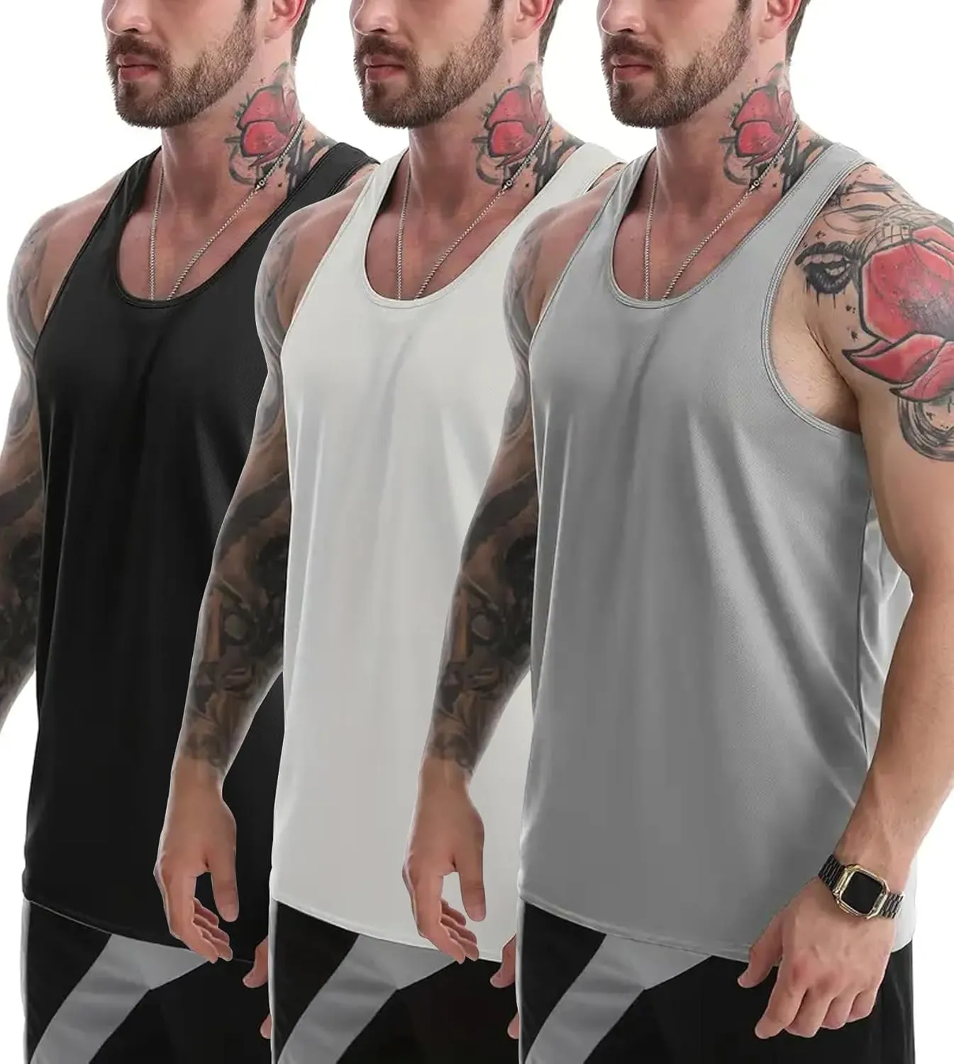 Tank Tops Men Y-Back Muscle 3 Pack Dry Fit Sleeveless Workout Tank Tops for Men Mesh Material Running Gym