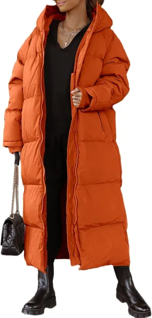 Tankaneo Womens Hooded Long Quilted Coat Maxi Length Long Sleeve Puffer Jacket Warm Padded Coat Thick Winter Outerwear
