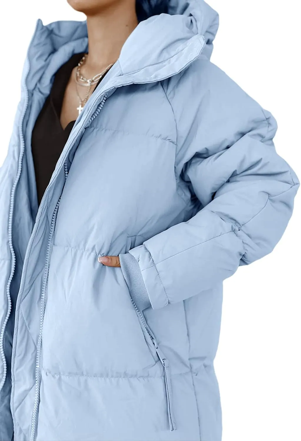 Tankaneo Womens Hooded Long Quilted Coat Maxi Length Long Sleeve Puffer Jacket Warm Padded Coat Thick Winter Outerwear