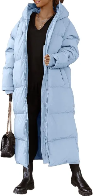 Tankaneo Womens Hooded Long Quilted Coat Maxi Length Long Sleeve Puffer Jacket Warm Padded Coat Thick Winter Outerwear