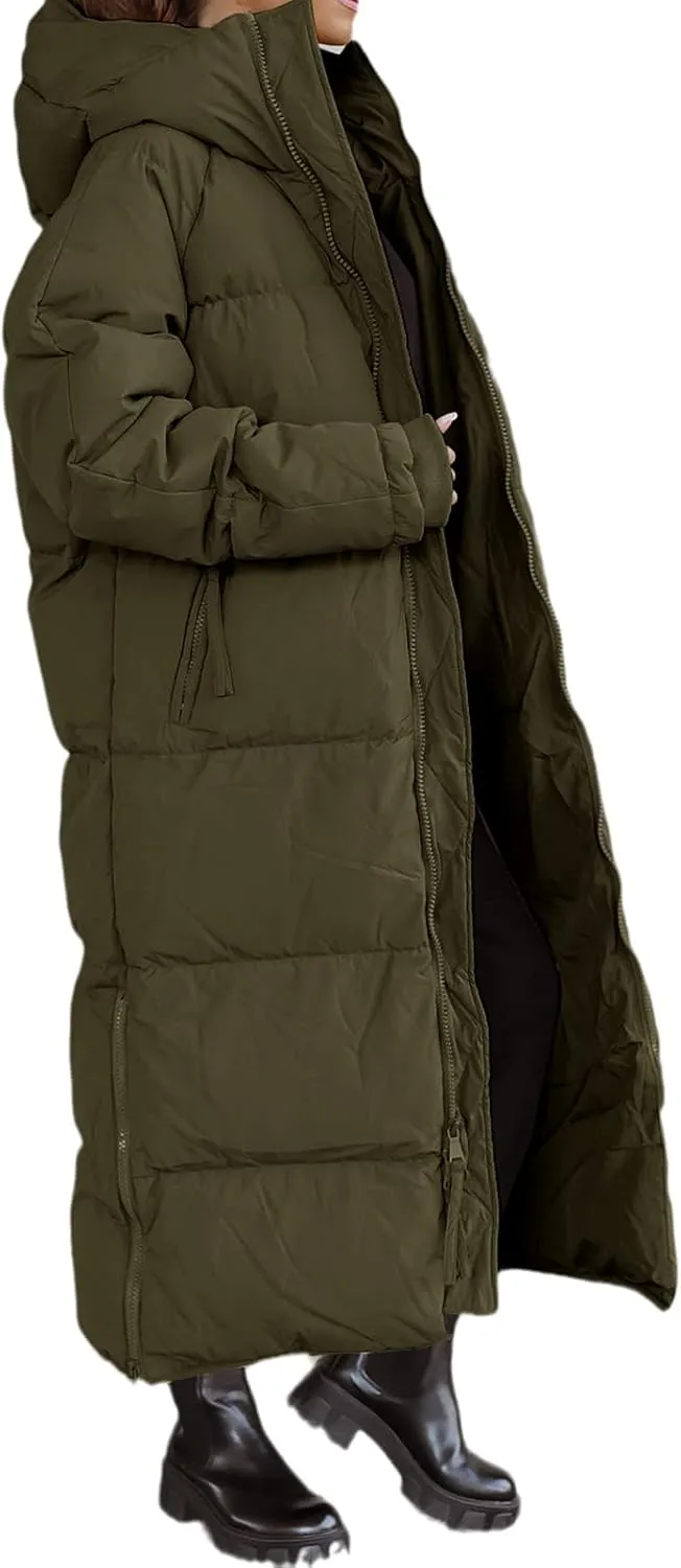 Tankaneo Womens Hooded Long Quilted Coat Maxi Length Long Sleeve Puffer Jacket Warm Padded Coat Thick Winter Outerwear
