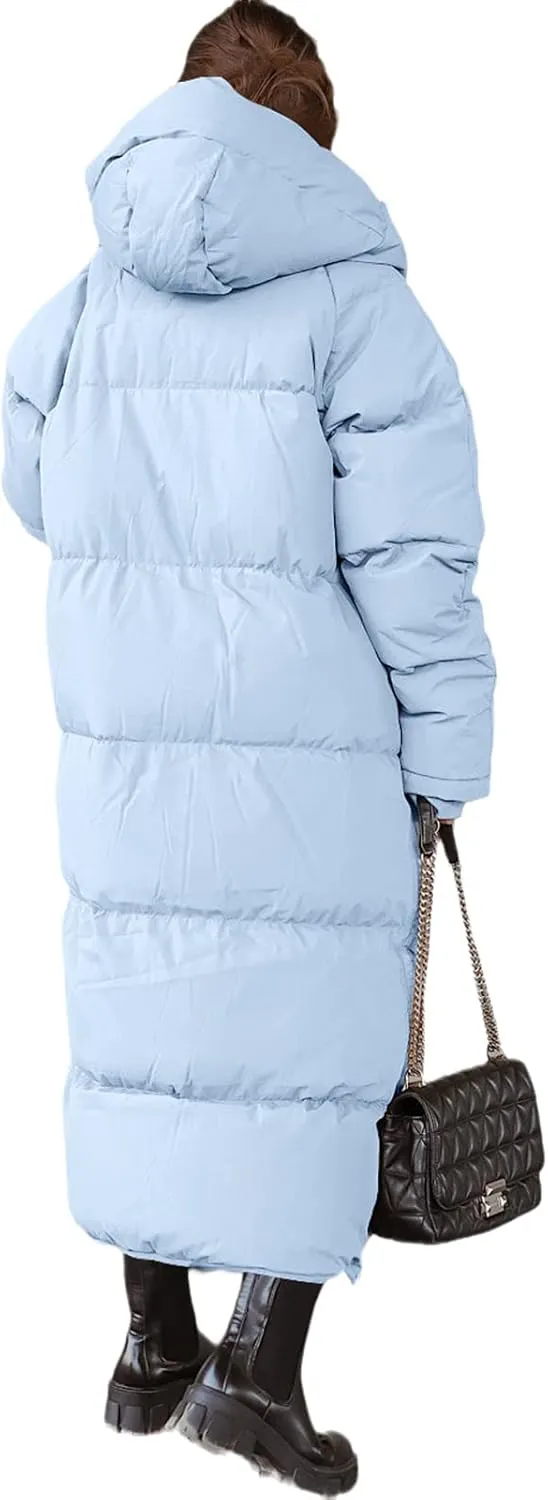 Tankaneo Womens Hooded Long Quilted Coat Maxi Length Long Sleeve Puffer Jacket Warm Padded Coat Thick Winter Outerwear