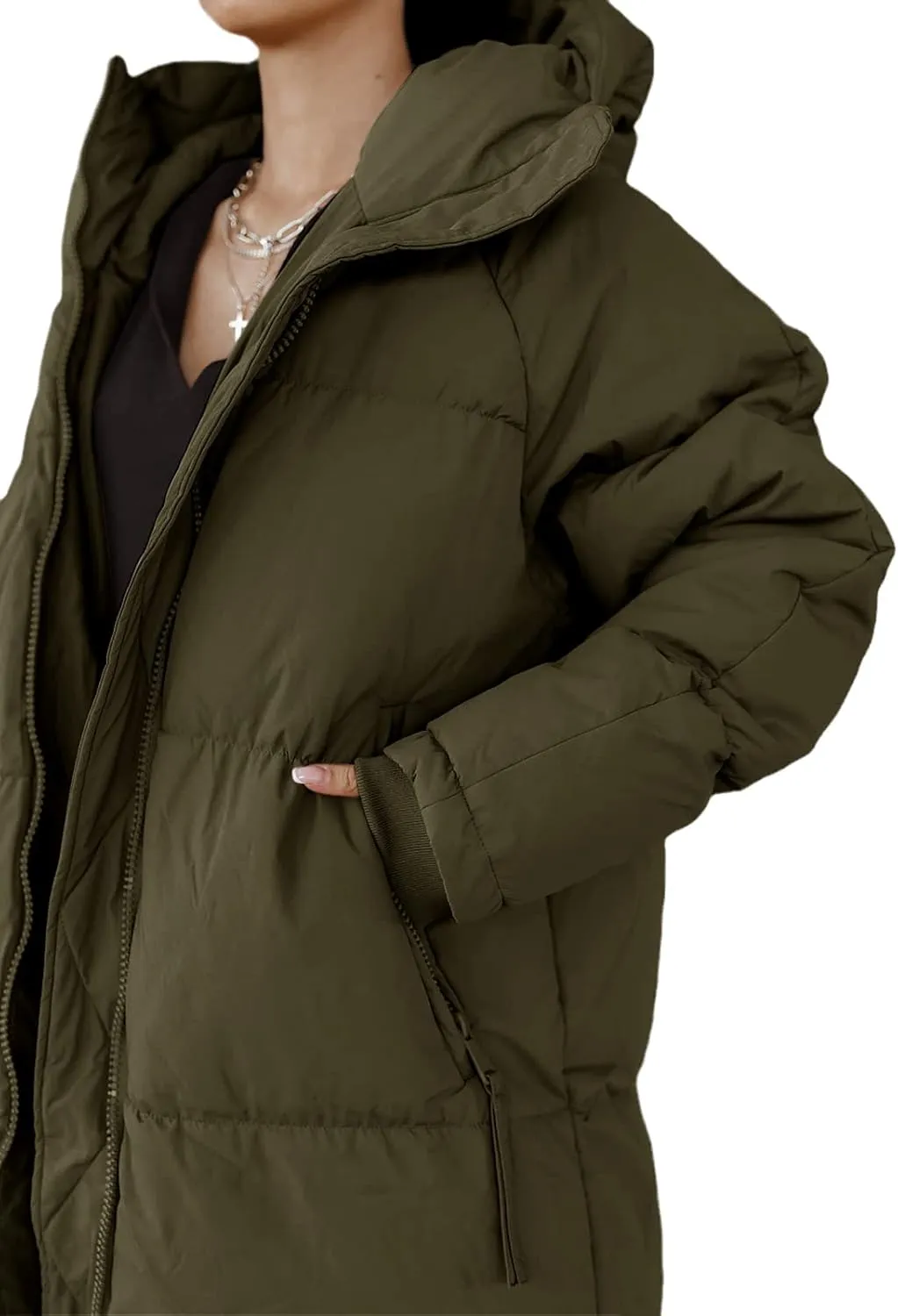 Tankaneo Womens Hooded Long Quilted Coat Maxi Length Long Sleeve Puffer Jacket Warm Padded Coat Thick Winter Outerwear