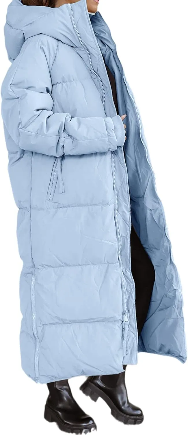 Tankaneo Womens Hooded Long Quilted Coat Maxi Length Long Sleeve Puffer Jacket Warm Padded Coat Thick Winter Outerwear