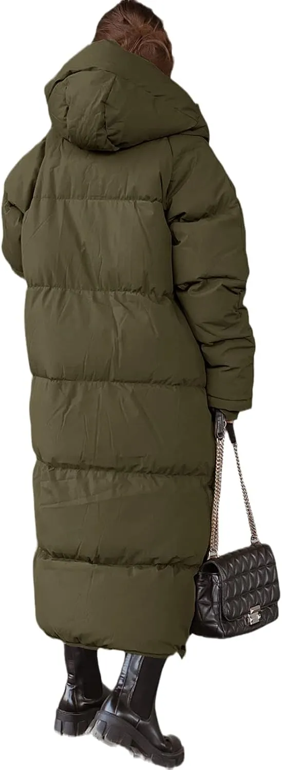 Tankaneo Womens Hooded Long Quilted Coat Maxi Length Long Sleeve Puffer Jacket Warm Padded Coat Thick Winter Outerwear