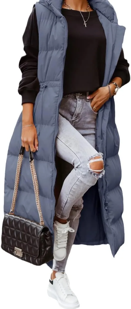 Tankaneo Women's Long Quilted Vest Outerwear Hooded Maxi Length Sleeveless Puffer Vest Full-zip Cotton Padded Coat
