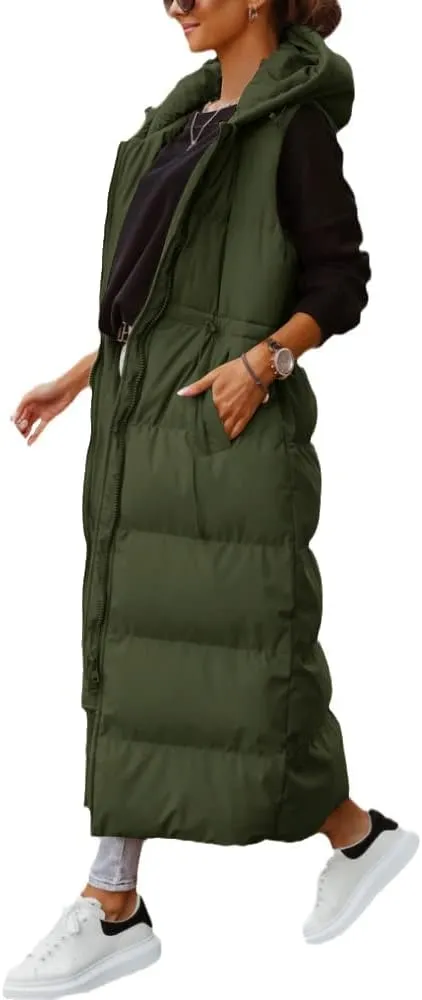Tankaneo Women's Long Quilted Vest Outerwear Hooded Maxi Length Sleeveless Puffer Vest Full-zip Cotton Padded Coat