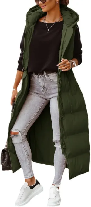 Tankaneo Women's Long Quilted Vest Outerwear Hooded Maxi Length Sleeveless Puffer Vest Full-zip Cotton Padded Coat