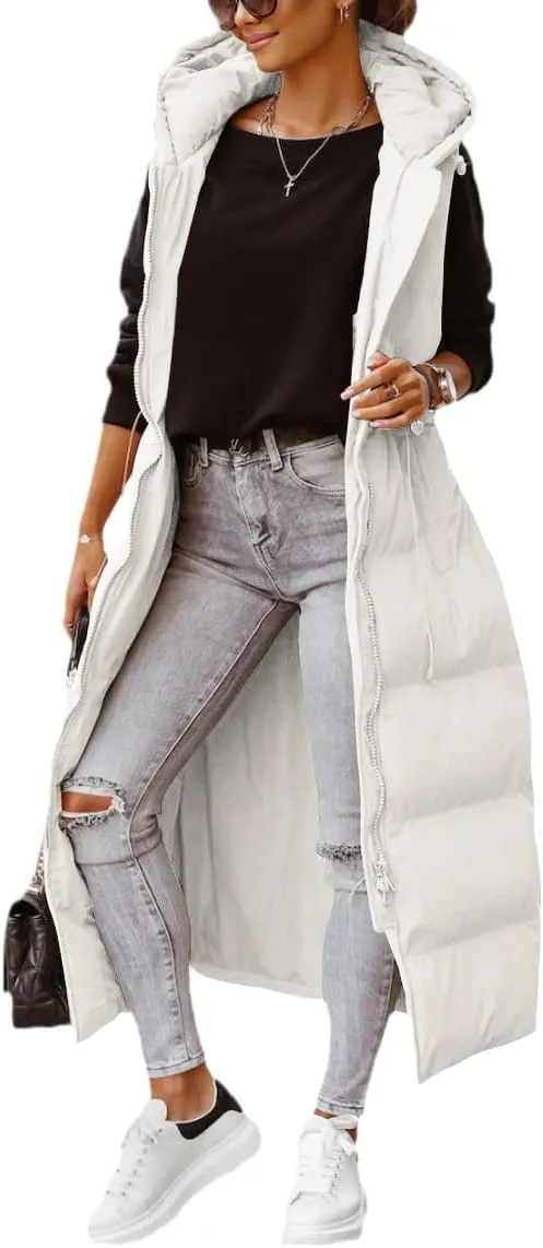 Tankaneo Women's Long Quilted Vest Outerwear Hooded Maxi Length Sleeveless Puffer Vest Full-zip Cotton Padded Coat