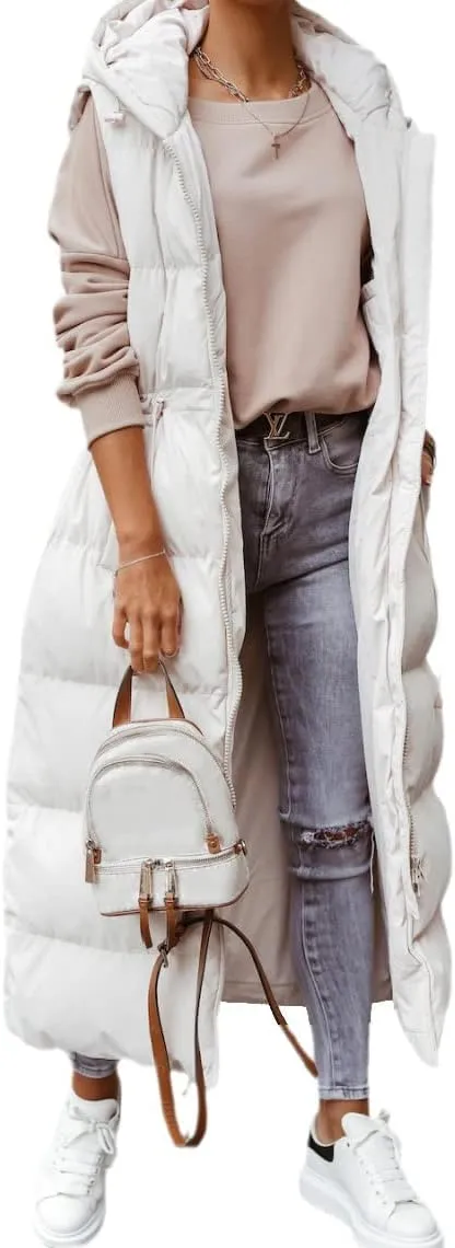 Tankaneo Women's Long Quilted Vest Outerwear Hooded Maxi Length Sleeveless Puffer Vest Full-zip Cotton Padded Coat