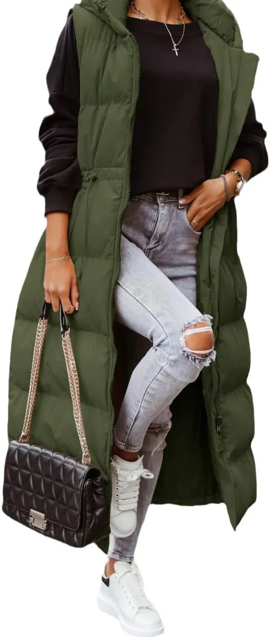 Tankaneo Women's Long Quilted Vest Outerwear Hooded Maxi Length Sleeveless Puffer Vest Full-zip Cotton Padded Coat