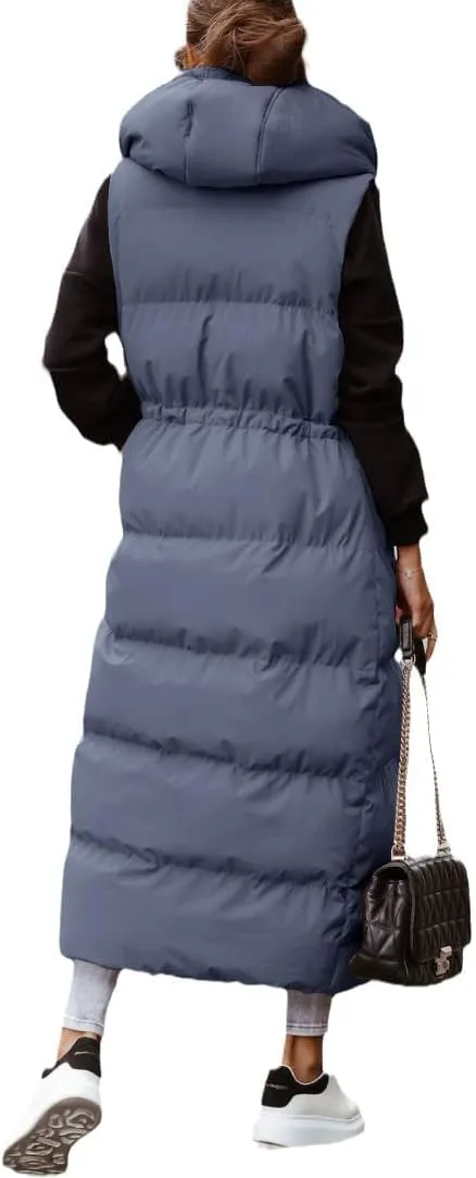 Tankaneo Women's Long Quilted Vest Outerwear Hooded Maxi Length Sleeveless Puffer Vest Full-zip Cotton Padded Coat