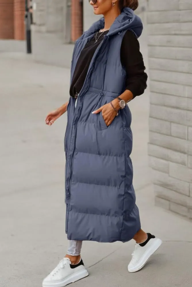Tankaneo Women's Long Quilted Vest Outerwear Hooded Maxi Length Sleeveless Puffer Vest Full-zip Cotton Padded Coat