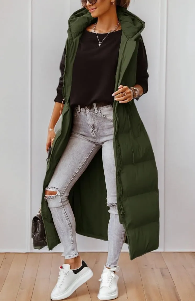 Tankaneo Women's Long Quilted Vest Outerwear Hooded Maxi Length Sleeveless Puffer Vest Full-zip Cotton Padded Coat