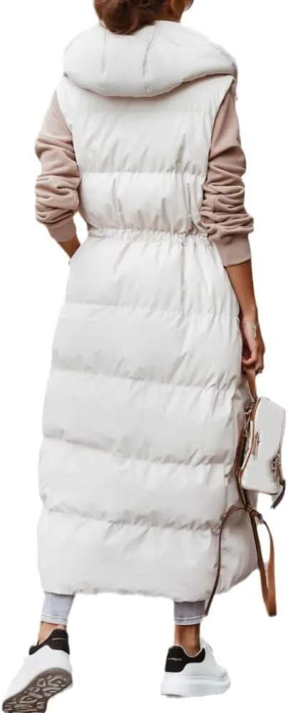 Tankaneo Women's Long Quilted Vest Outerwear Hooded Maxi Length Sleeveless Puffer Vest Full-zip Cotton Padded Coat