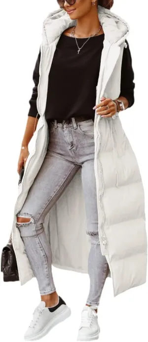 Tankaneo Women's Long Quilted Vest Outerwear Hooded Maxi Length Sleeveless Puffer Vest Full-zip Cotton Padded Coat