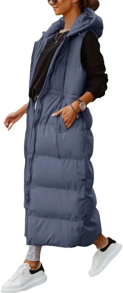 Tankaneo Women's Long Quilted Vest Outerwear Hooded Maxi Length Sleeveless Puffer Vest Full-zip Cotton Padded Coat