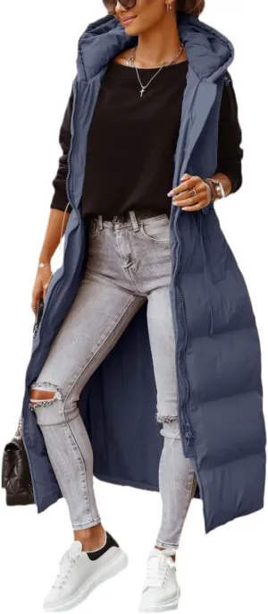 Tankaneo Women's Long Quilted Vest Outerwear Hooded Maxi Length Sleeveless Puffer Vest Full-zip Cotton Padded Coat