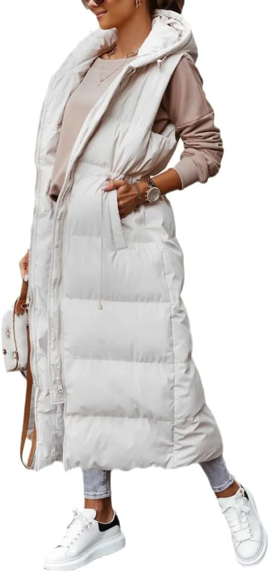 Tankaneo Women's Long Quilted Vest Outerwear Hooded Maxi Length Sleeveless Puffer Vest Full-zip Cotton Padded Coat