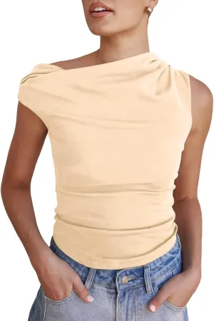 Tankaneo Womens Off The Shoulder Tops Boat Neck Fitted Ruched Shirt Summer Trendy Y2K Going Out Tank Tops