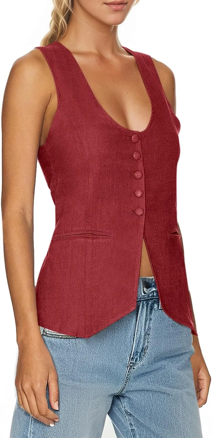 Tankaneo Womens Scoop Neck Blazer Vest Summer Linen Sleeveless Fitted Waistcoat Work Casual Cotton Suit Tops