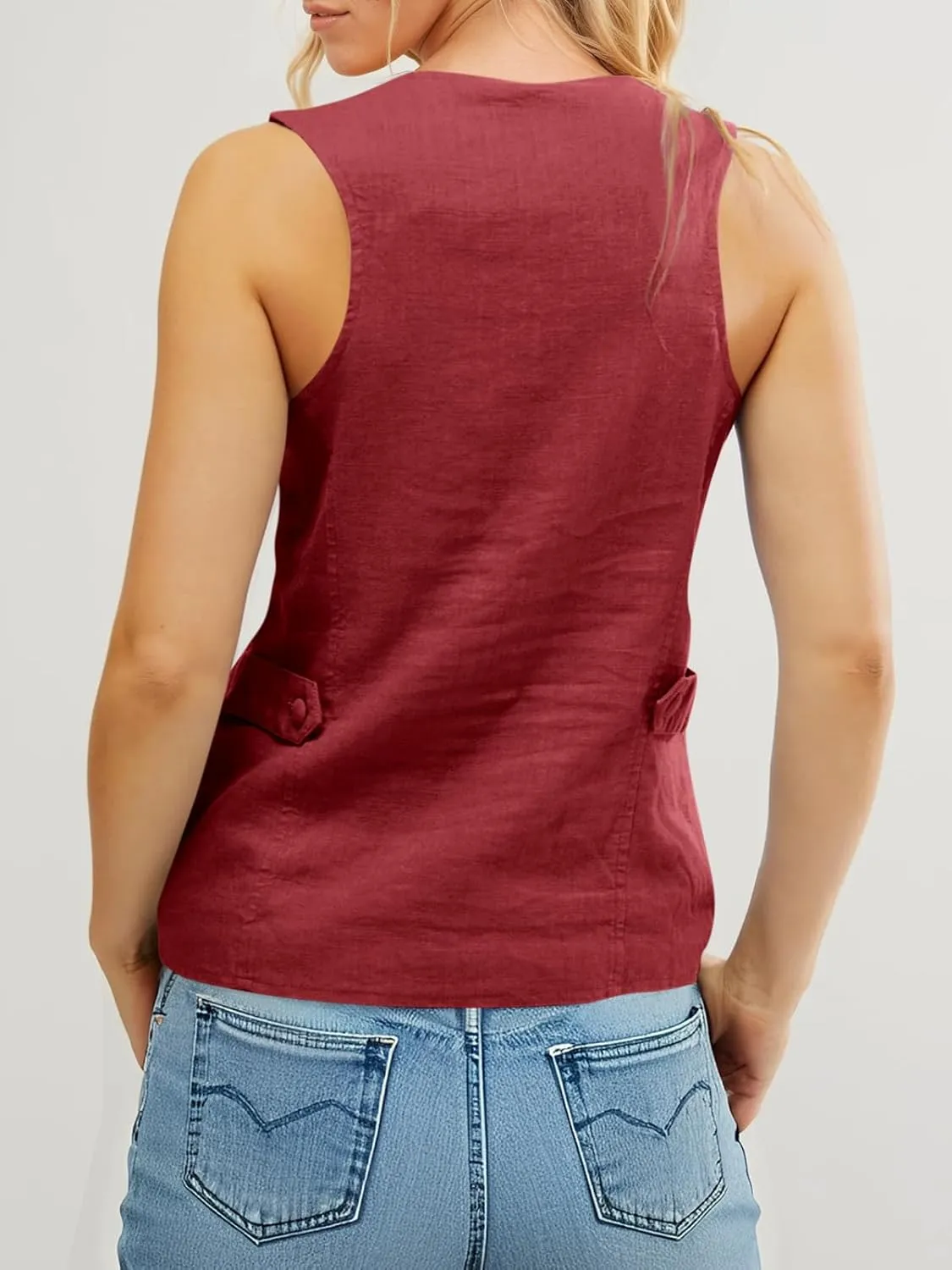 Tankaneo Womens Scoop Neck Blazer Vest Summer Linen Sleeveless Fitted Waistcoat Work Casual Cotton Suit Tops