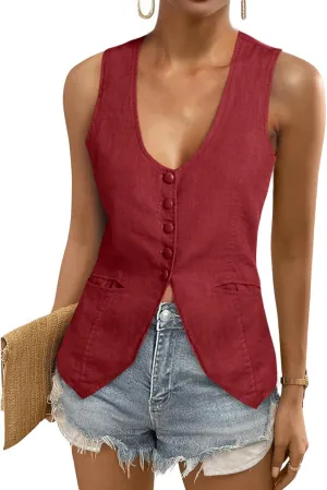 Tankaneo Womens Scoop Neck Blazer Vest Summer Linen Sleeveless Fitted Waistcoat Work Casual Cotton Suit Tops