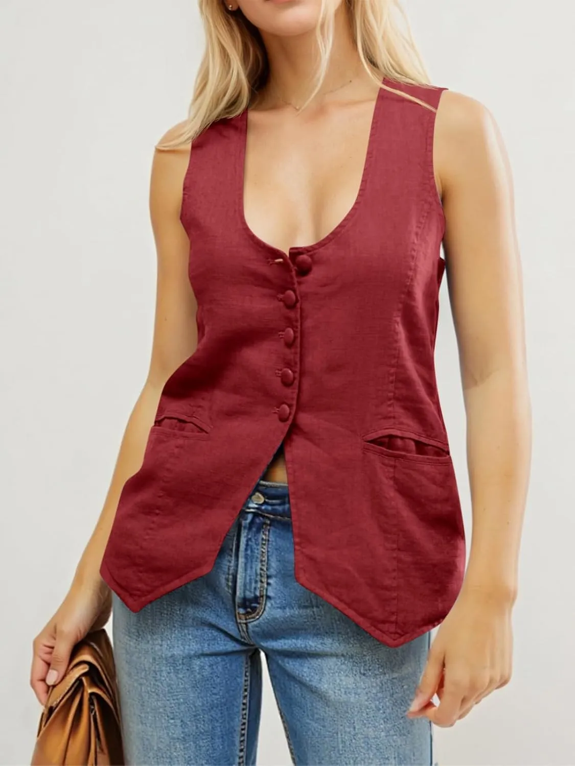 Tankaneo Womens Scoop Neck Blazer Vest Summer Linen Sleeveless Fitted Waistcoat Work Casual Cotton Suit Tops