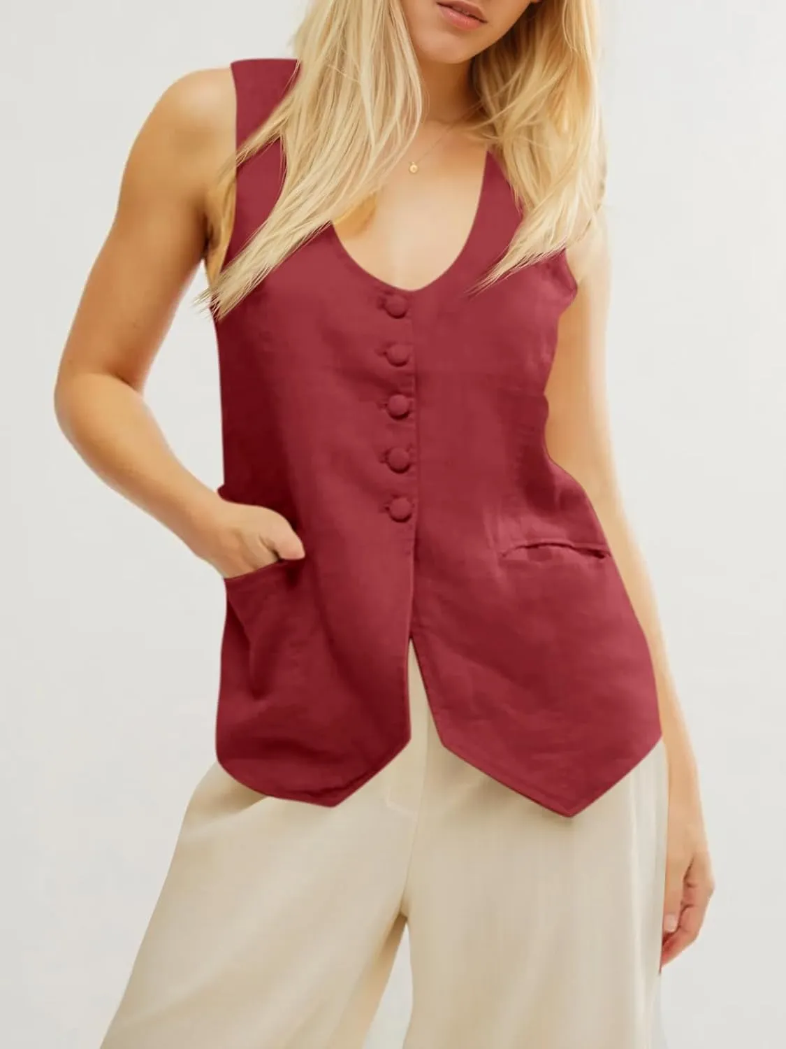 Tankaneo Womens Scoop Neck Blazer Vest Summer Linen Sleeveless Fitted Waistcoat Work Casual Cotton Suit Tops