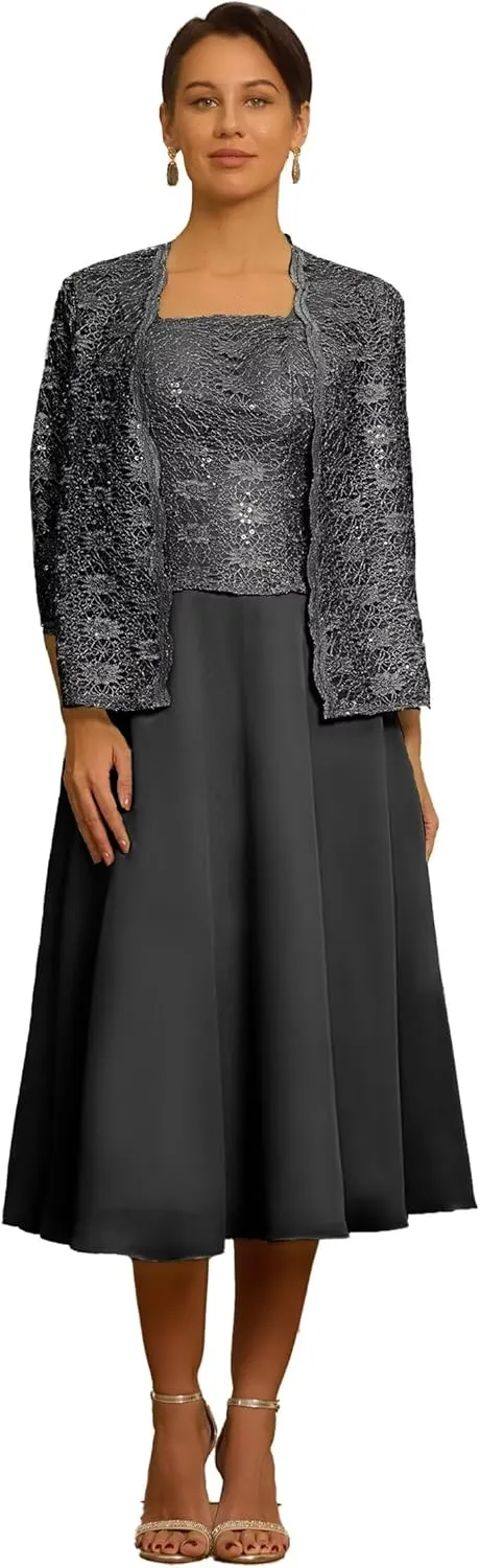 Tea Length Mother of The Bride Dresses with Jackets 2 Pieces Chiffon Floral Laces Sequins Formal Evening Dresses