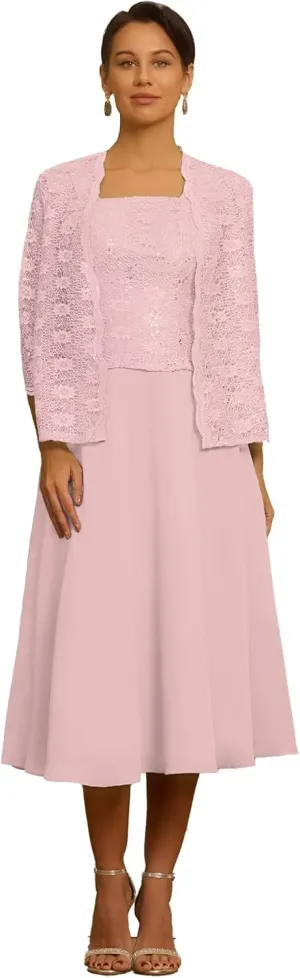 Tea Length Mother of The Bride Dresses with Jackets 2 Pieces Chiffon Floral Laces Sequins Formal Evening Dresses
