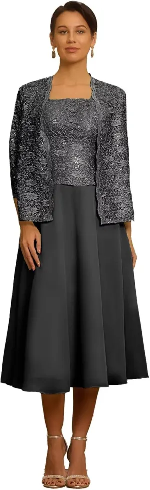 Tea Length Mother of The Bride Dresses with Jackets 2 Pieces Chiffon Floral Laces Sequins Formal Evening Dresses