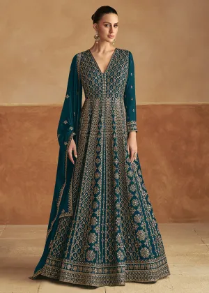 Teal Green Front & Back Embroidery Wedding Anarkali Suit