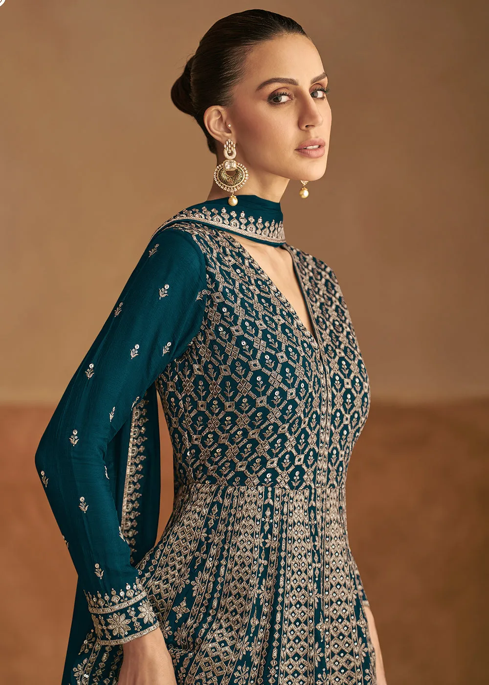 Teal Green Front & Back Embroidery Wedding Anarkali Suit
