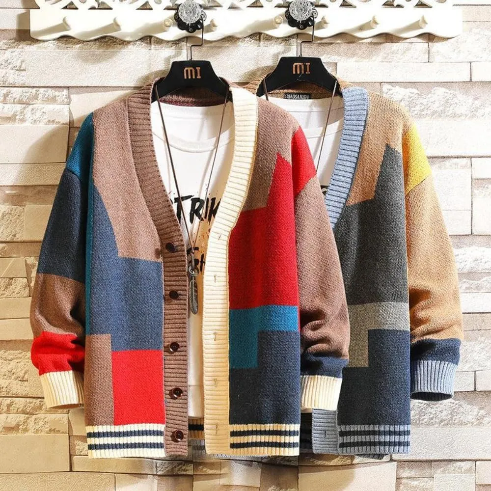 The Men's Colorful Sweater Cardigan Splicing V-Neck Knitwear Jacket
