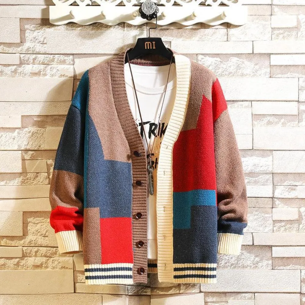 The Men's Colorful Sweater Cardigan Splicing V-Neck Knitwear Jacket