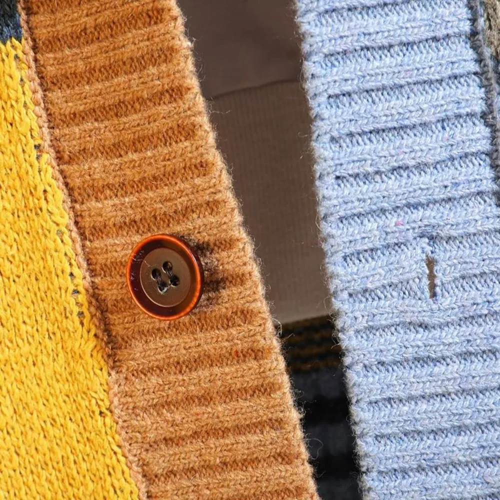 The Men's Colorful Sweater Cardigan Splicing V-Neck Knitwear Jacket