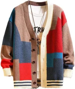 The Men's Colorful Sweater Cardigan Splicing V-Neck Knitwear Jacket