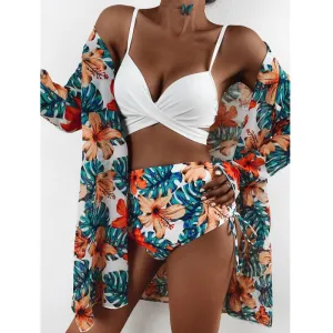 Three Piece Bikini Set Cover Up Swimwear Swimsuit Print Long Sleeve Bathing Suit Beachwear