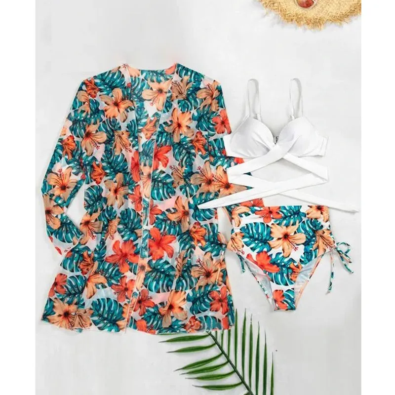 Three Piece Bikini Set Cover Up Swimwear Swimsuit Print Long Sleeve Bathing Suit Beachwear