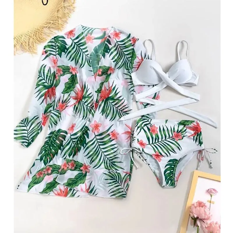 Three Piece Bikini Set Cover Up Swimwear Swimsuit Print Long Sleeve Bathing Suit Beachwear
