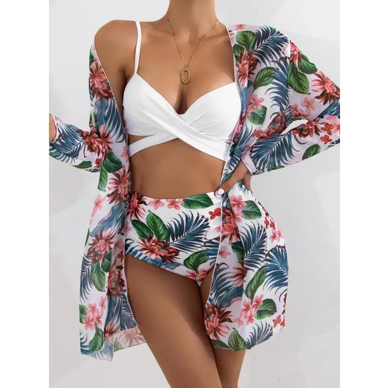Three Piece Bikini Set Cover Up Swimwear Swimsuit Print Long Sleeve Bathing Suit Beachwear
