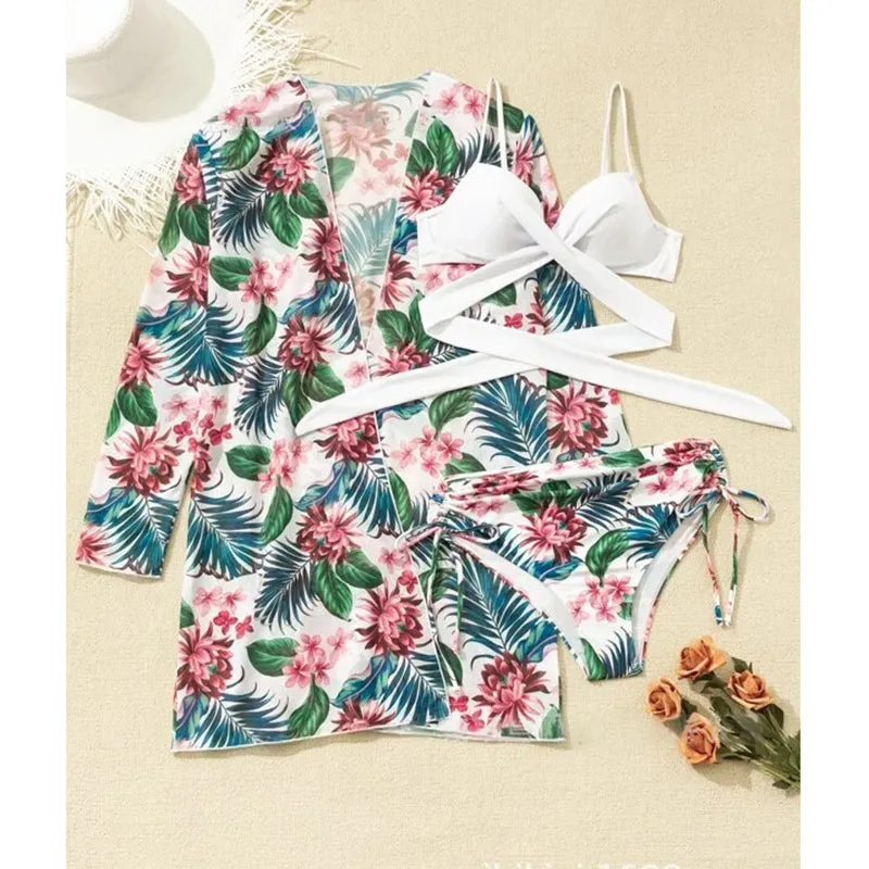 Three Piece Bikini Set Cover Up Swimwear Swimsuit Print Long Sleeve Bathing Suit Beachwear