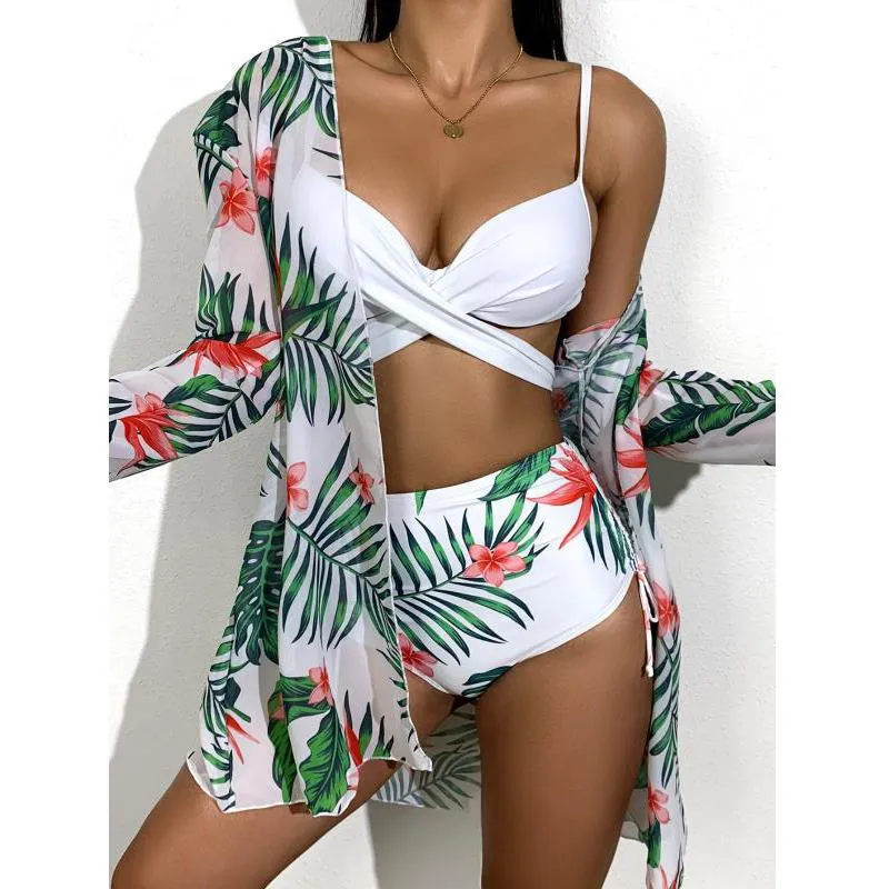 Three Piece Bikini Set Cover Up Swimwear Swimsuit Print Long Sleeve Bathing Suit Beachwear