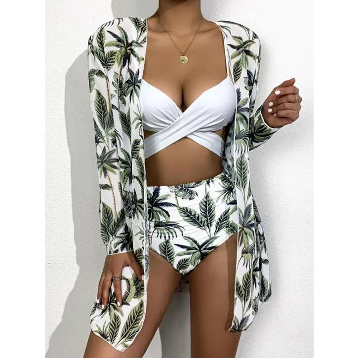 Three Piece Bikini Set Cover Up Swimwear Swimsuit Print Long Sleeve Bathing Suit Beachwear